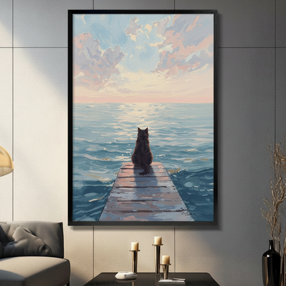 Framed canvas wall art of a solitary black cat sitting at the end of a wooden pier gazing at a pastel pink and blue ocean sunset, oil painting style, displayed in dark modern living room with candlesticks
