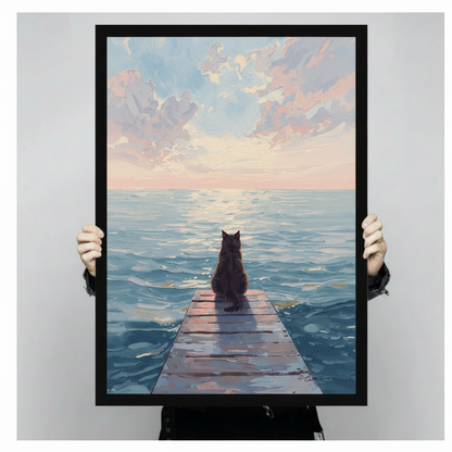 Hand-held size reference of framed black cat wooden pier ocean sunset oil painting print with pink and blue pastel sky, showing portrait orientation and black frame detail