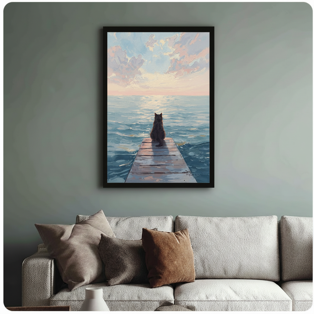 Framed black cat ocean pier sunset oil painting above cream textured sofa on sage green wall, dreamy pastel clouds and glowing horizon in background