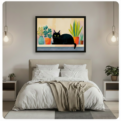 Colorful black cat with potted plants framed canvas art mounted above bed in bright minimalist bedroom with globe pendant lights