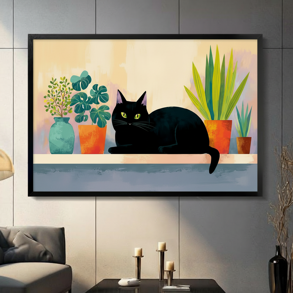Black cat with green eyes lounging among colorful potted plants framed canvas wall art displayed in modern living room with gray panel wall