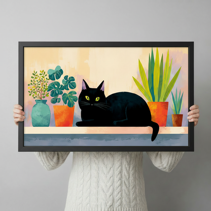Person holding large framed black cat and houseplants canvas print showing actual print size and vibrant illustration detail