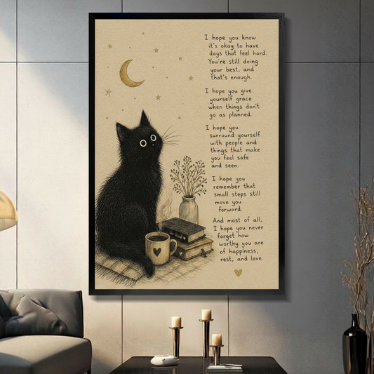 Black framed cat inspirational poster print – motivational quote art for home office or bedroom – vintage illustration style wall decor