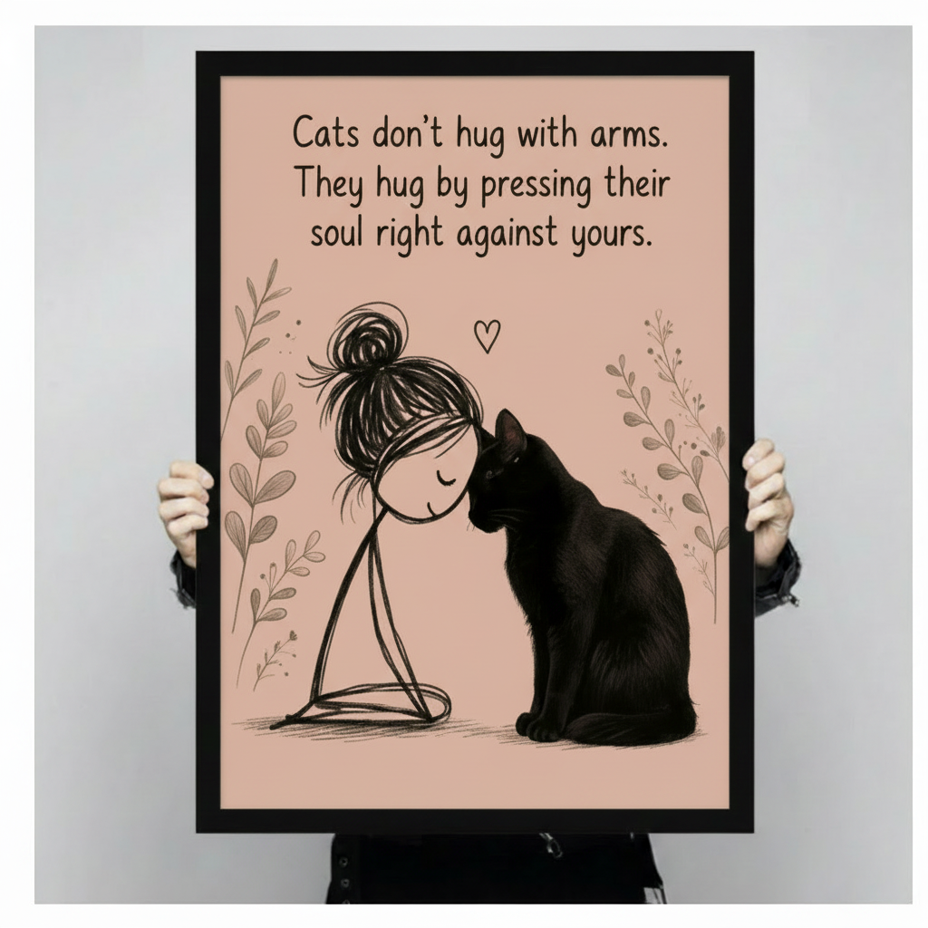 Hand-held black-framed poster print of black cat and girl illustration with inspirational cat soul hug quote