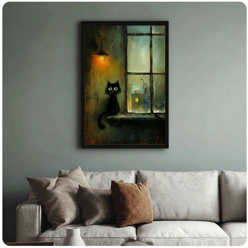 Framed black cat windowsill rainy night oil painting above grey linen sofa on sage green wall, warm lantern and glowing cottage in background