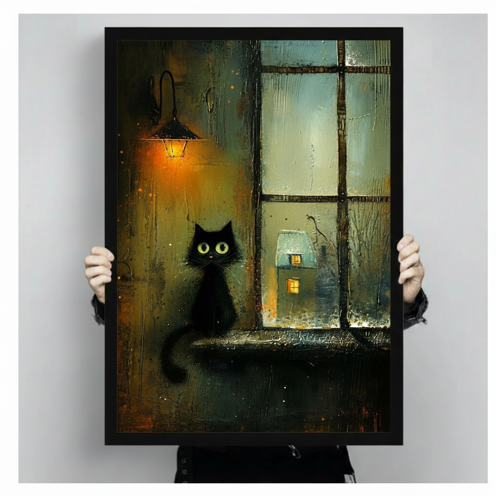 Hand-held size reference of framed black cat rainy windowsill oil painting print with glowing lantern and snowy cottage, showing portrait orientation and black frame detail