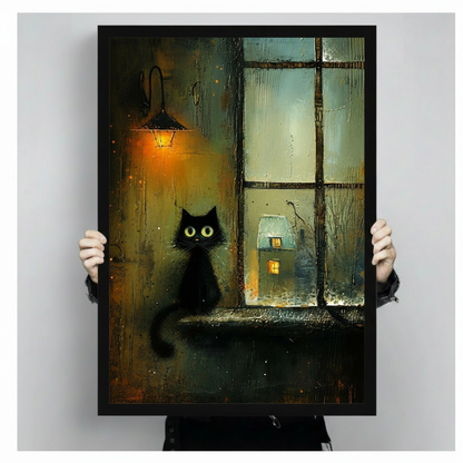 Hand-held size reference of framed black cat rainy windowsill oil painting print with glowing lantern and snowy cottage, showing portrait orientation and black frame detail