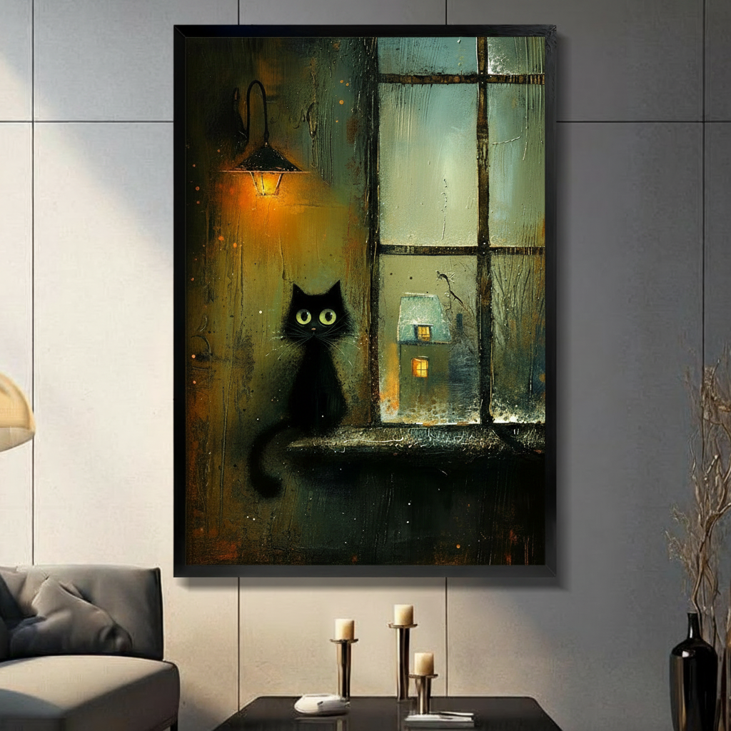 Framed canvas wall art of a wide-eyed black cat sitting on a windowsill beside a glowing vintage lantern, rainy night and snow cottage visible through the glass, oil painting style, displayed in dark modern interior