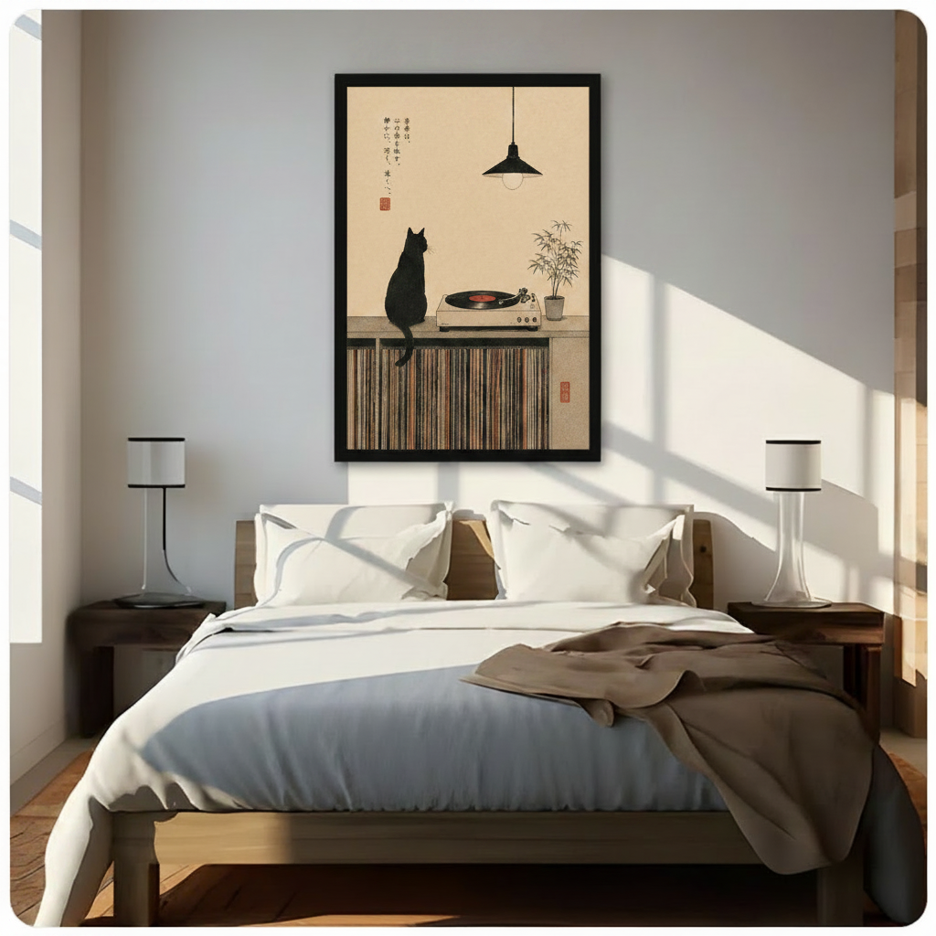 Serene Japanese black cat turntable wall art in black frame mounted above bed as bedroom decor with warm natural sunlight