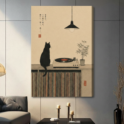 Frameless gallery wrap canvas of black cat sitting by vinyl turntable in minimalist Japandi style on gray paneled wall