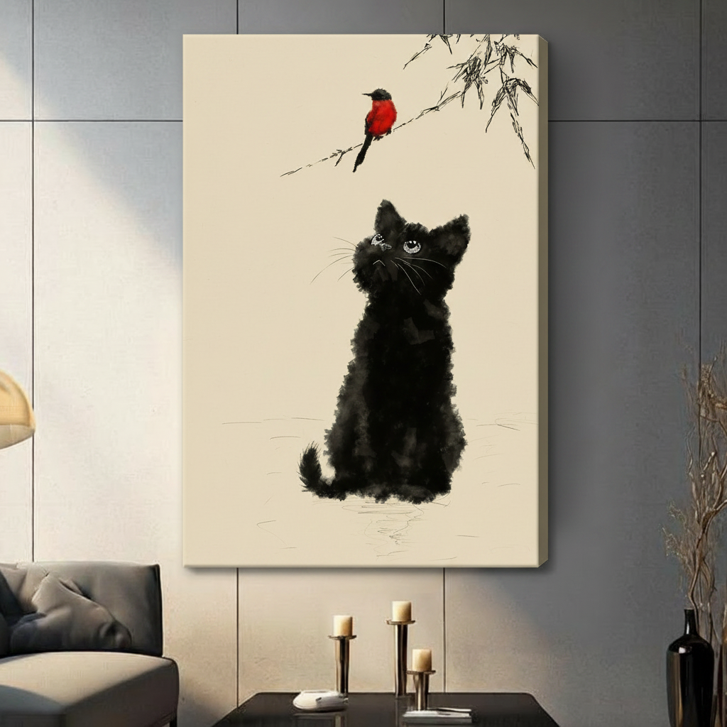 Chinese ink wash painting of a fluffy black kitten looking up at a red robin perched on an ink bamboo branch against a warm cream textured paper background minimalist cat wall art stretched canvas in a living room with dark gray panel wall dark sofa and black vase