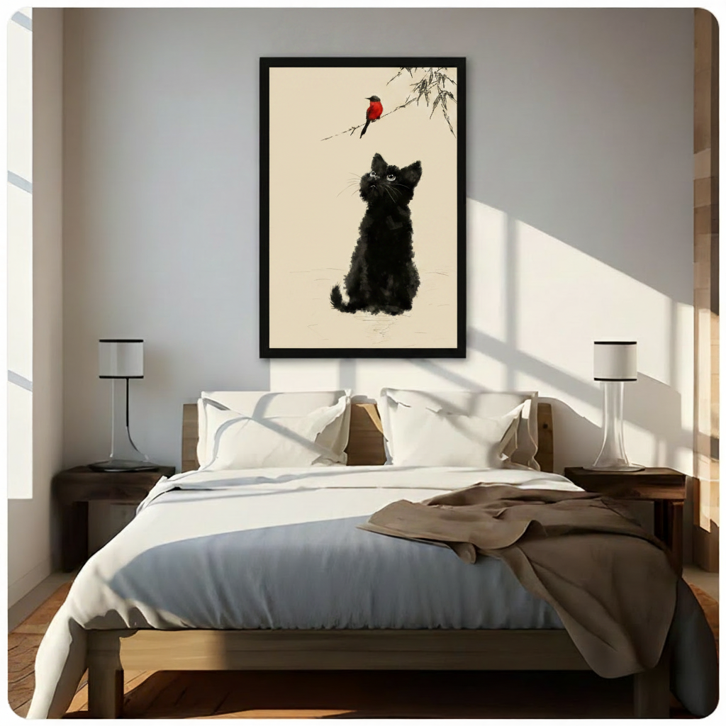 Chinese ink wash painting of a fluffy black kitten sitting and looking up at a small red robin on a bamboo branch against a warm cream textured background serene cat and bird wall art framed print above a bedroom with white linen bedding dark wood bed frame and white table lamps