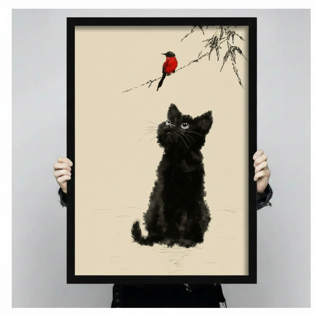Chinese ink wash illustration of a fluffy black kitten gazing upward at a red-breasted bird perched on an ink-drawn bamboo branch against a warm cream paper background minimalist cat wall art framed print held against a light gray background