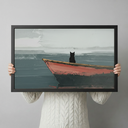 Hand-held size reference of framed black cat on red wooden boat wall art print with misty lake background in landscape orientation