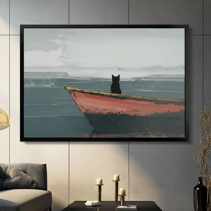 Framed canvas wall art of a solitary black cat sitting on the bow of a weathered red wooden boat on a calm misty lake, oil painting style, displayed in dark modern interior
