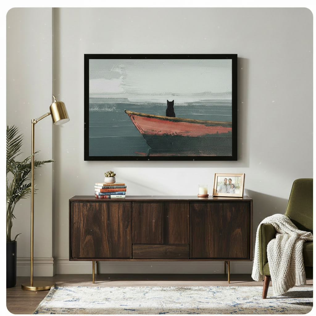 Large framed black cat red boat canvas wall art above dark walnut sideboard in mid-century modern living room with brass floor lamp and green velvet armchair