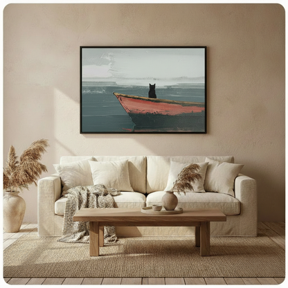 Large framed black cat red boat oil painting canvas art above cream linen sofa in bright boho neutral living room with pampas grass and wooden coffee table