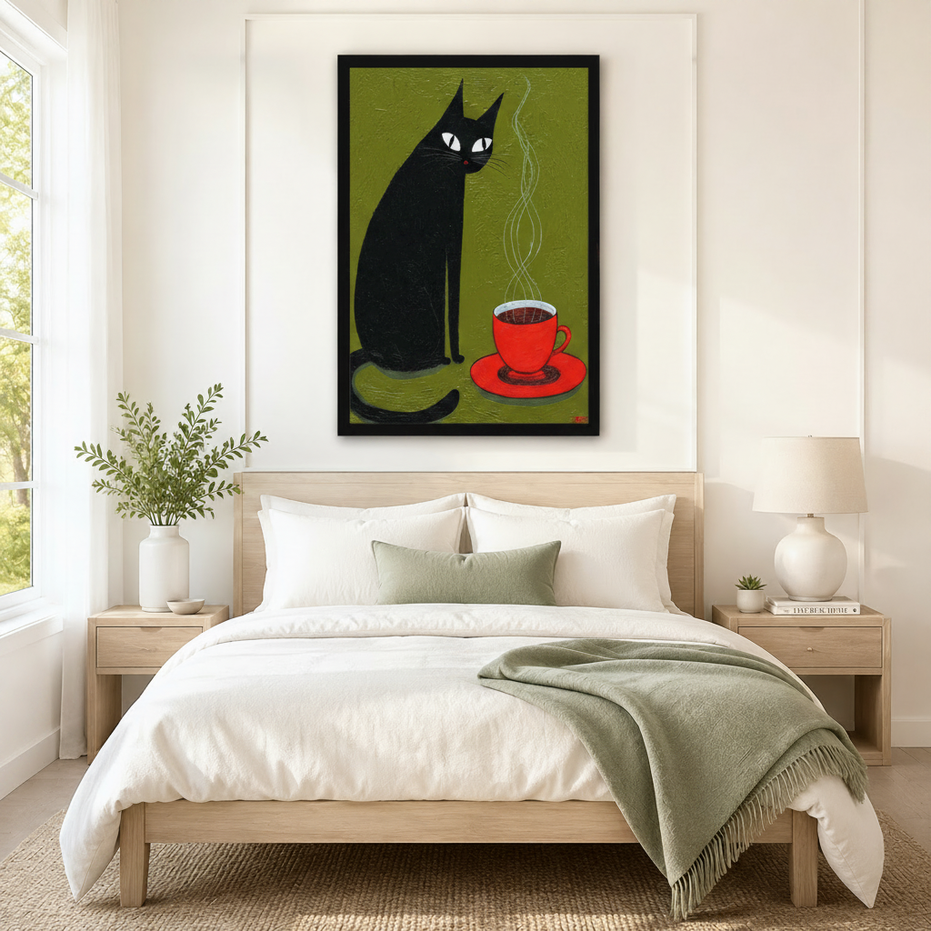 Oversized framed wall art of a stylized black cat beside a red coffee cup on a rich olive green background, displayed above a neutral linen bed in a Scandinavian bedroom