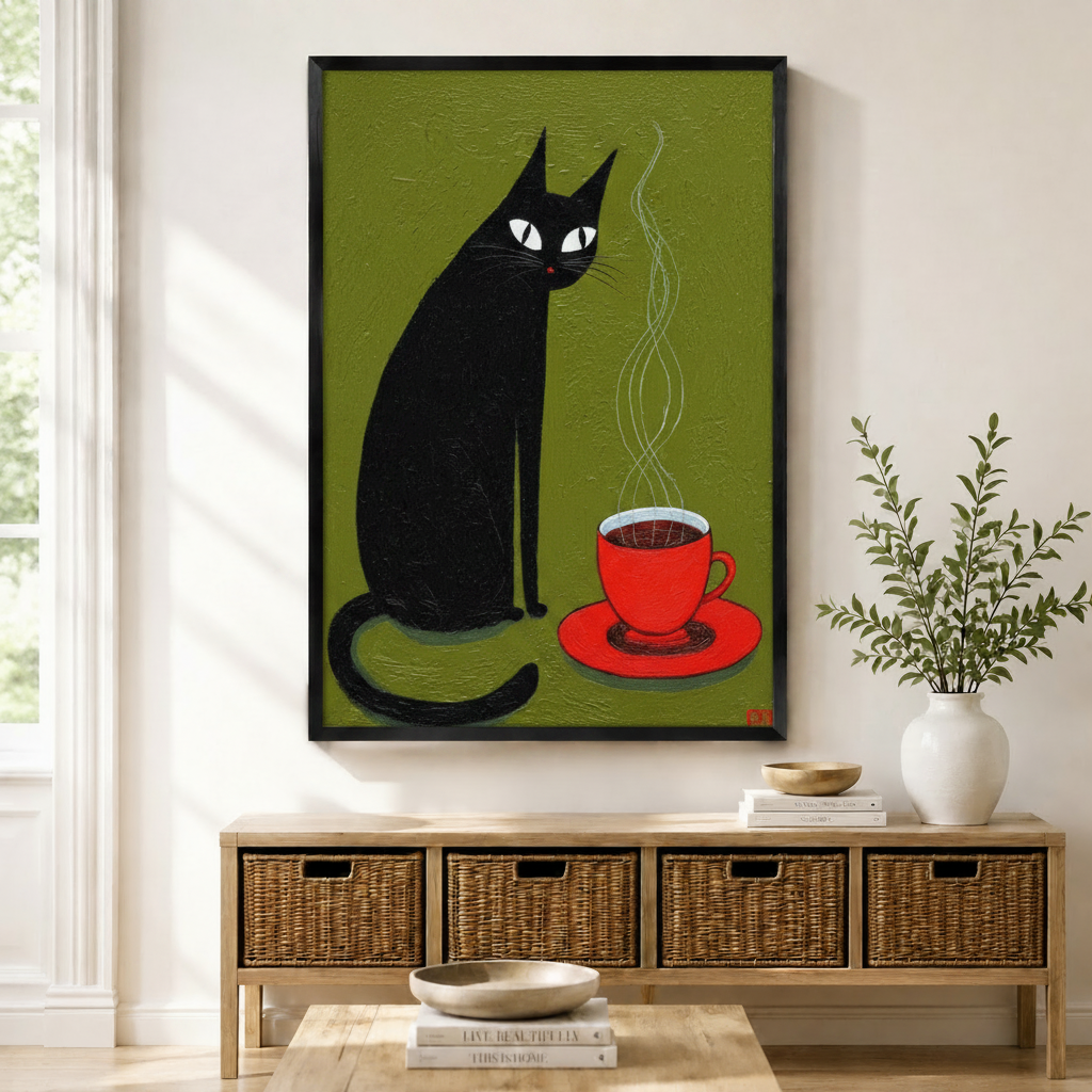 Framed folk art wall print of a sleek black cat sitting beside a steaming red coffee cup on an olive green background, displayed above a wicker storage sideboard