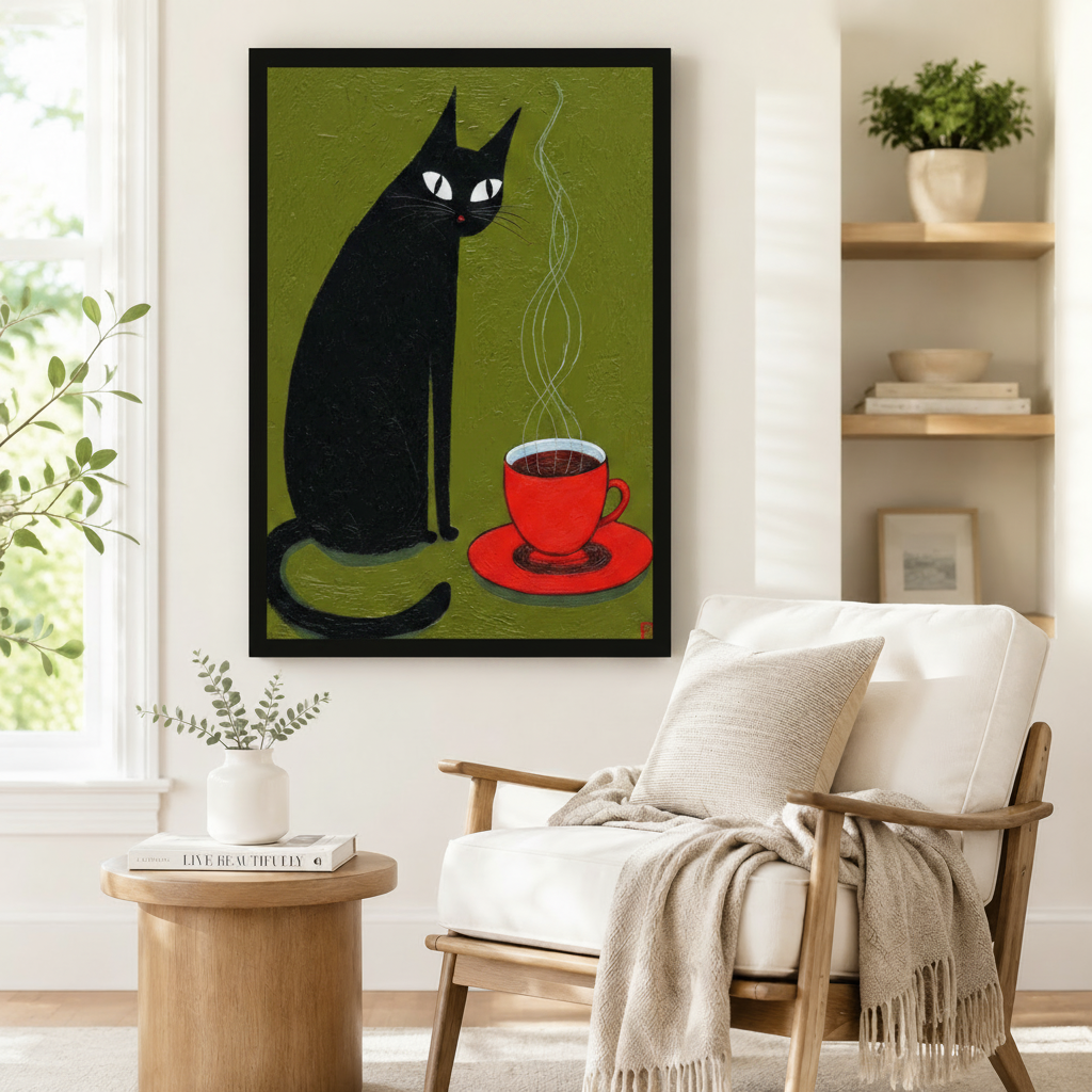 Mid-century modern style framed art print of a black cat with white eyes next to a red coffee cup, styled beside a linen armchair in a Scandinavian reading nook