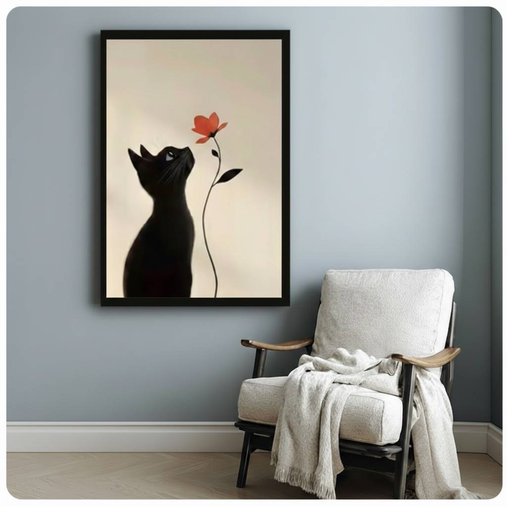 Black framed minimalist black cat and red flower canvas print beside white armchair on blue-grey wall - elegant cat silhouette with single red bloom and clean botanical stem for minimalist reading nook decor