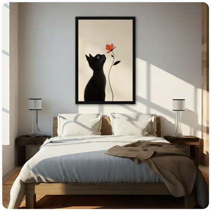 Framed minimalist black cat and red flower canvas print above wooden bed in sunlit neutral bedroom - serene black cat silhouette gazing at single red bloom wall art with warm cream background for contemporary bedroom decor