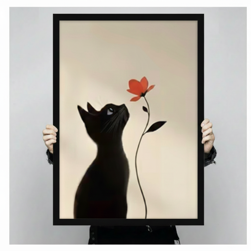 Person holding large framed black cat gazing at red flower canvas print with both hands - close up view of minimalist black cat silhouette and red bloom wall art with cream background and black frame finish