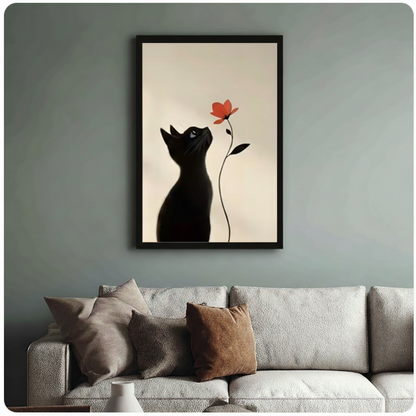 Framed black cat gazing at red flower canvas print above linen sofa on sage green wall - minimalist black cat silhouette and botanical stem wall art with cream background for stylish living room decor