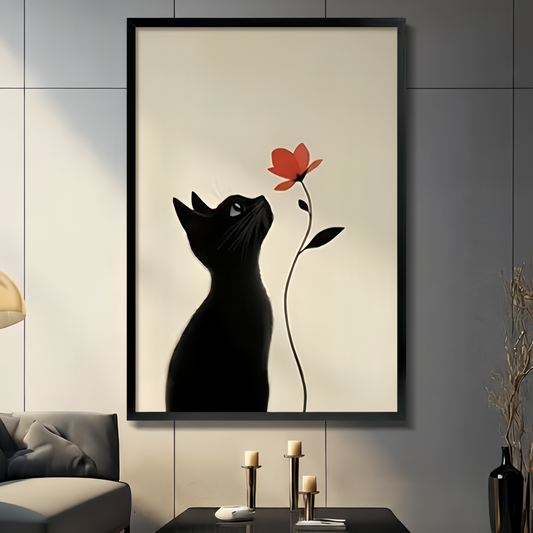 Framed minimalist black cat gazing at red flower large canvas print on grey tile wall in warm-lit modern living room - elegant black cat silhouette with single red bloom and botanical stem wall art on cream background for contemporary home decor