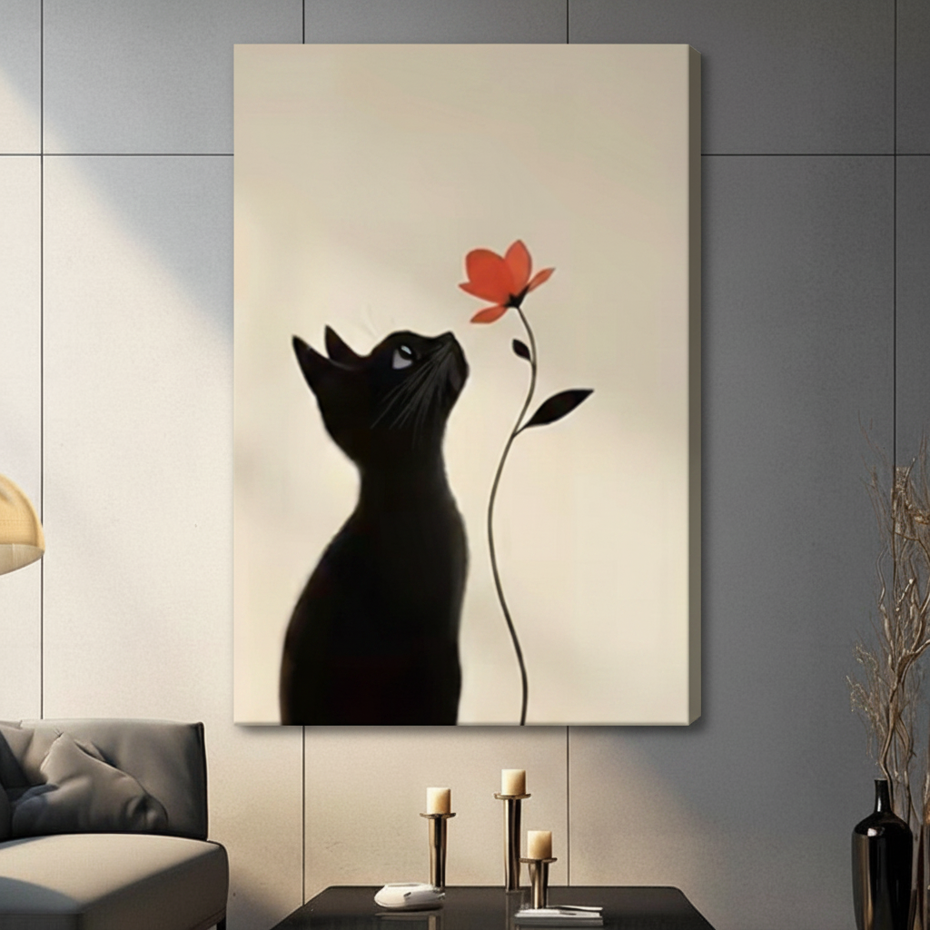 Unframed minimalist black cat and red flower canvas print on grey wall in contemporary living room - serene black cat silhouette looking up at single red bloom wall art with warm cream background for modern interior decor