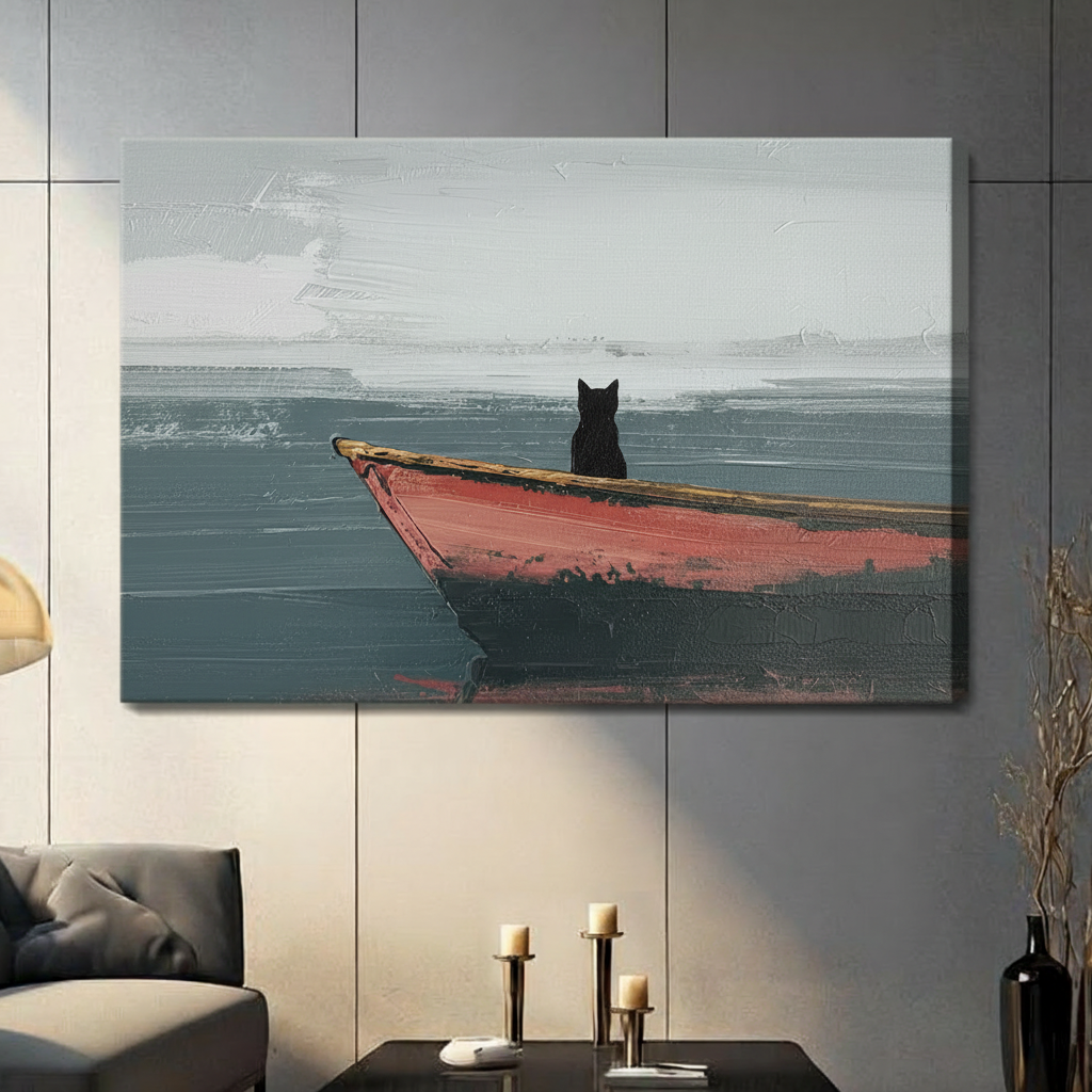 Canvas wrap print featuring a lone black cat perched on a rustic red rowboat gazing across still grey water, textured oil painting style, hung on grey wall