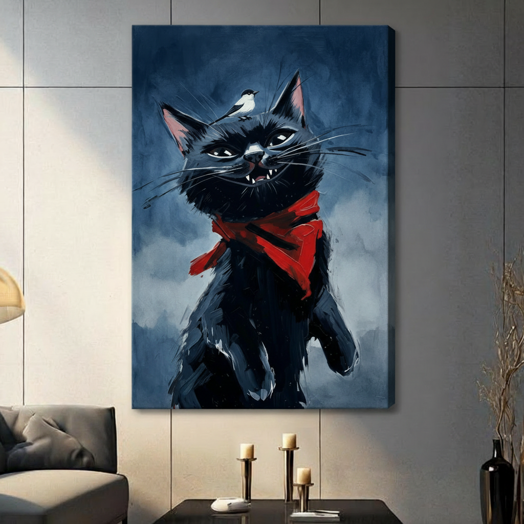 Expressive black cat with glowing eyes long whiskers and a bold red triangle scarf standing tall with a tiny bird perched on its head on a dramatic stormy background funny dark cat wall art stretched canvas in a living room with dark gray tiled wall sofa candle holders and black vase
