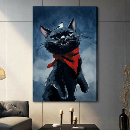 Expressive black cat with glowing eyes long whiskers and a bold red triangle scarf standing tall with a tiny bird perched on its head on a dramatic stormy background funny dark cat wall art stretched canvas in a living room with dark gray tiled wall sofa candle holders and black vase