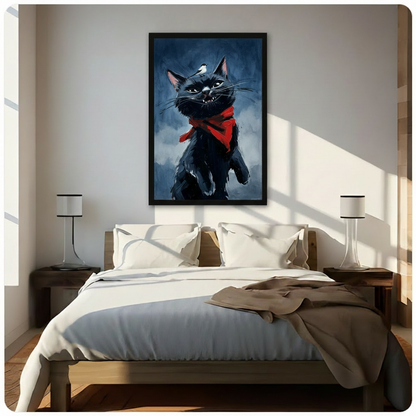 Dark moody oil painting of a fierce black cat with a red bandana scarf half-closed eyes and a small white bird perched on its head on a stormy blue-gray background funny edgy cat wall art framed print above a bedroom with white linen bedding dark wood bed frame and white table lamps