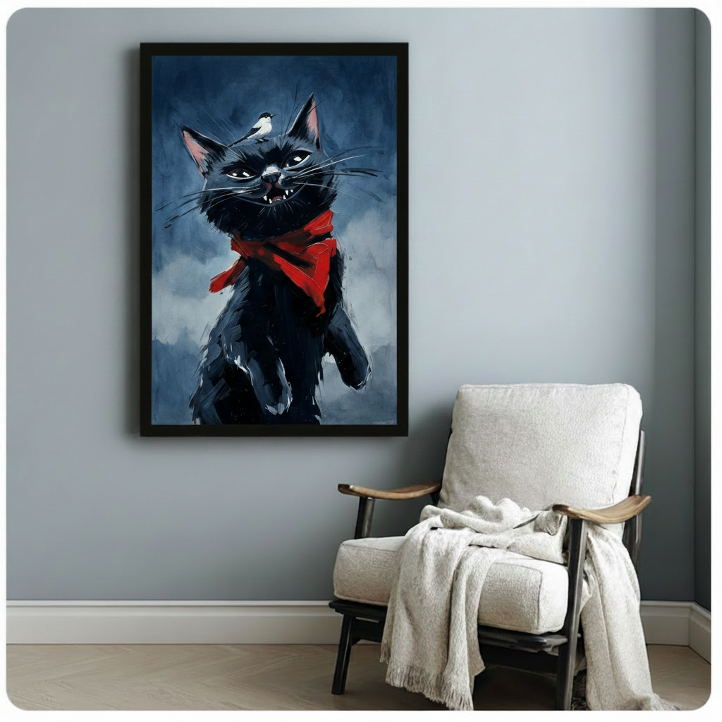 Bold illustration of a scruffy black cat with a red bandana and a cocky fanged grin with a small white bird sitting on its head against a brooding blue-gray sky funny cat wall art framed print beside a white linen armchair with a cream throw blanket on a blue gray wall
