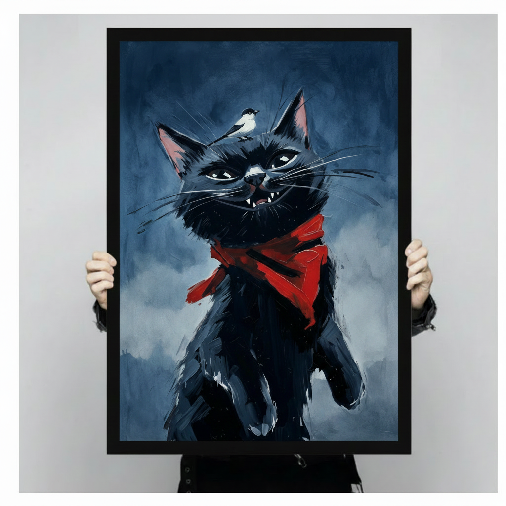 Dramatic portrait of a black cat in a red scarf baring its fangs with a tiny bird on its head on a dark stormy blue background edgy funny cat wall art framed print held against a light gray background
