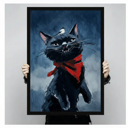 Dramatic portrait of a black cat in a red scarf baring its fangs with a tiny bird on its head on a dark stormy blue background edgy funny cat wall art framed print held against a light gray background