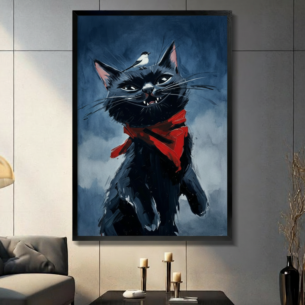 Moody oil painting of a black cat standing upright with a small white bird on its head wearing a red bandana scarf with a menacing grin on a stormy dark blue background edgy cat wall art framed print in a living room with dark gray tiled wall sofa candle holders and black vase