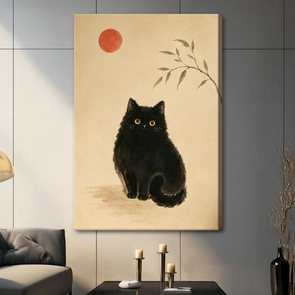 Gallery wrap stretched canvas of a round fluffy black cat with large amber eyes seated calmly at center with a vibrant red circle sun above left and a graceful ink-wash bamboo sprig above right Japanese sumi-e inspired minimalist cat illustration on warm cream parchment background hung frameless on a gray paneled wall above a dark sofa with metal candlesticks
