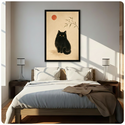 Black framed serene Japanese sumi-e inspired canvas wall art of a plump fluffy black cat with wide golden eyes sitting peacefully at center with a bold red sun in the upper left corner and a soft ink bamboo branch in the upper right warm aged parchment background zen minimalist cat illustration hung in bright diagonal sunlight above a dark wood platform bed with white linen bedding and matching slim black bedside lamps
