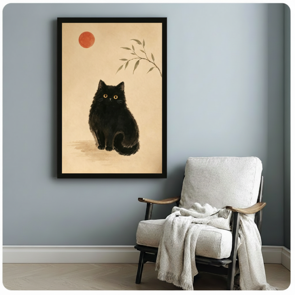 Black framed zen minimalist Japanese style canvas print of a chubby black cat with glowing golden eyes sitting front-facing beneath a bold red sun and a delicate ink bamboo branch on a warm beige parchment background elegant East Asian inspired black cat wall art hung on a soft blue-gray wall beside a white upholstered wood lounge chair with a cream knit throw