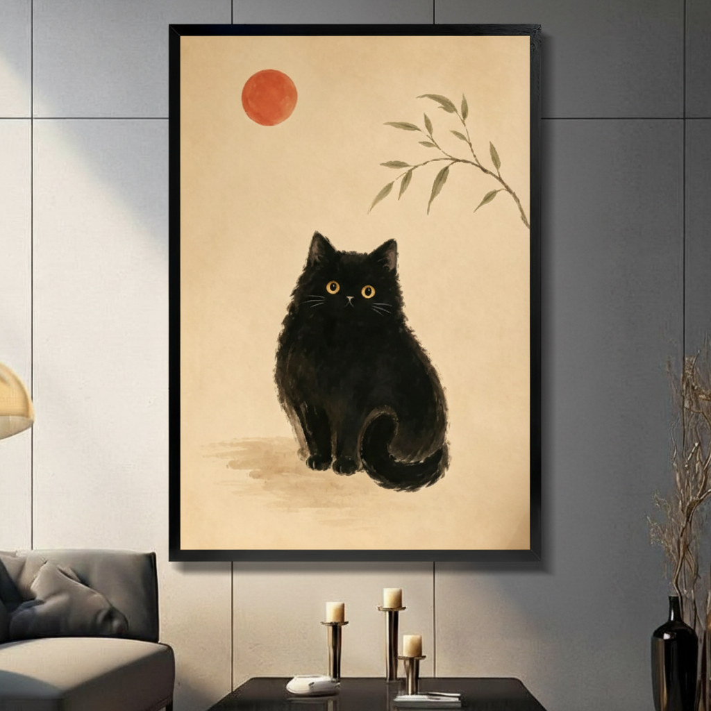 Black framed Japanese ink painting style illustration of a fluffy black cat with bright golden eyes sitting upright and facing forward with a bold red sun in the upper left and a delicate ink bamboo branch in the upper right on a warm aged parchment background zen minimalist black cat canvas wall art displayed in a modern gray paneled living room with dark sofa black coffee table and metal candlesticks