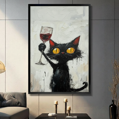 Framed canvas wall art of a wide-eyed black cat with glowing yellow eyes raising a glass of red wine, bold expressionist brushstroke style, displayed in a modern dark living room