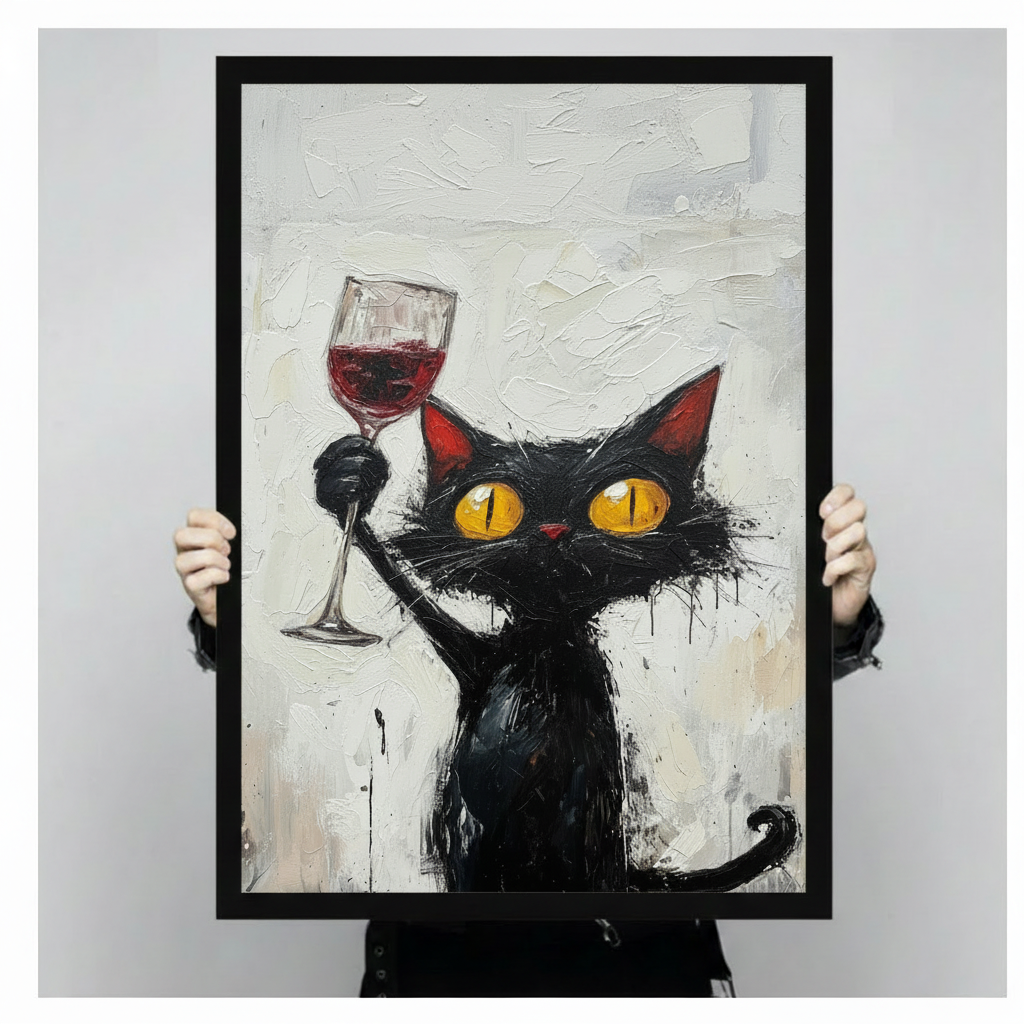 Person holding a framed art print of a wild-haired black cat with glowing eyes raising a red wine glass in a toast, expressive brushstroke painting, funny cat lover wall decor