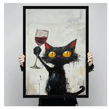 Person holding a framed art print of a wild-haired black cat with glowing eyes raising a red wine glass in a toast, expressive brushstroke painting, funny cat lover wall decor