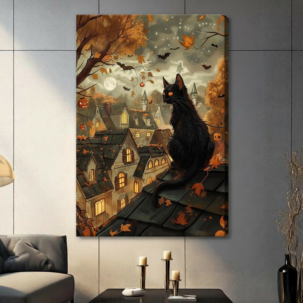 Whimsical Halloween illustration of a fluffy black cat with glowing amber eyes perched on dark roof tiles watching over a cozy lit Victorian gothic town with falling autumn leaves bats pumpkin lanterns and a moonlit cloudy sky Halloween cat wall art stretched canvas in a living room with blue gray tiled wall dark sofa candle holders and black vase
