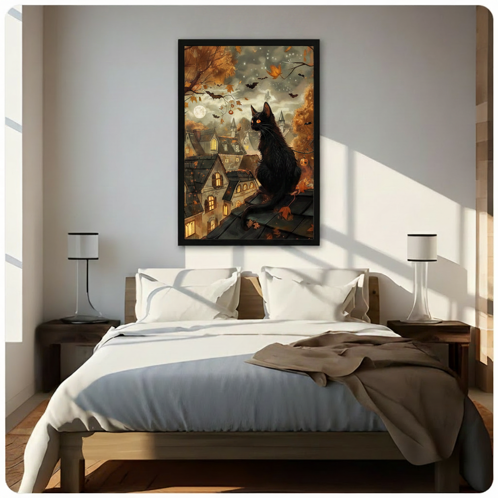 Enchanting Halloween illustration of a black cat with vivid orange eyes sitting on a dark rooftop overlooking a glowing Victorian Halloween town with bats autumn leaves jack-o-lantern lights bare trees and a luminous full moon in a smoky amber sky Halloween cat wall art framed print above a bedroom with white linen bedding dark wood bed frame and white table lamp