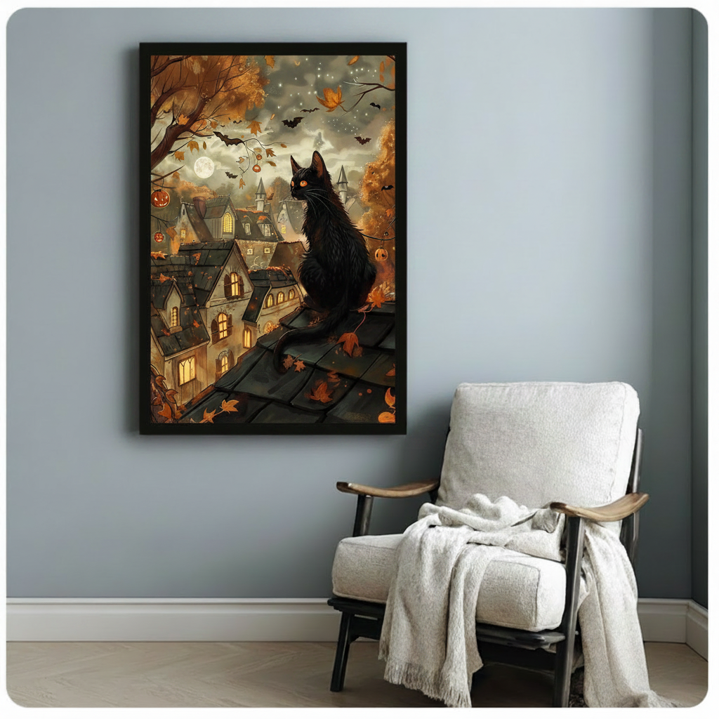 Cozy gothic Halloween art of a black cat with bright orange eyes seated on a rooftop overlooking warmly lit Victorian townhouses with jack-o-lantern garlands bats swirling leaves and a glowing full moon peeking through clouds Halloween town cat wall art framed print beside a white linen armchair with wood arms and a cream throw blanket on a blue gray wall