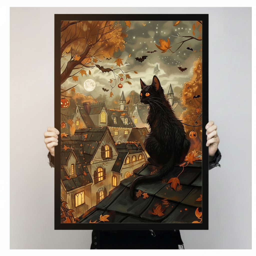 Atmospheric Halloween illustration of a sleek black cat with glowing amber eyes perched on roof tiles above a warmly glowing gothic village surrounded by autumn leaves flying bats pumpkin string lights and a large full moon in a misty starry sky Halloween cat wall art framed print held against a light gray background