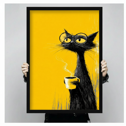 Close-up of a black framed art print showing a grumpy black cat with round glasses and a yellow steaming coffee cup on a bold yellow background, held up by two hands